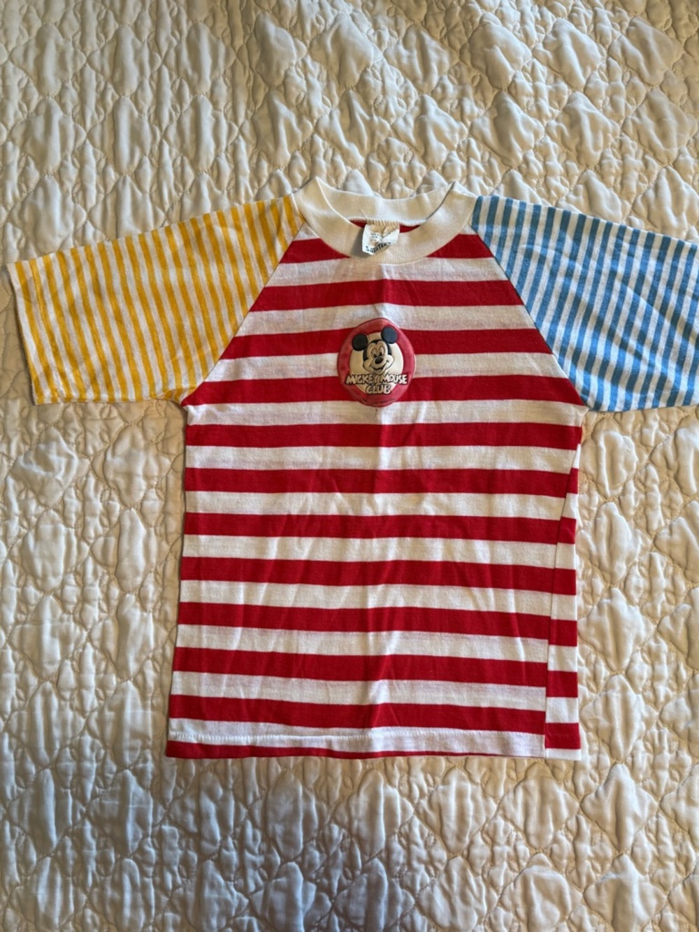 Vintage Kids Striped Raglan Tee w/Mickey Mouse Club Patch - Red, Yellow & Blue